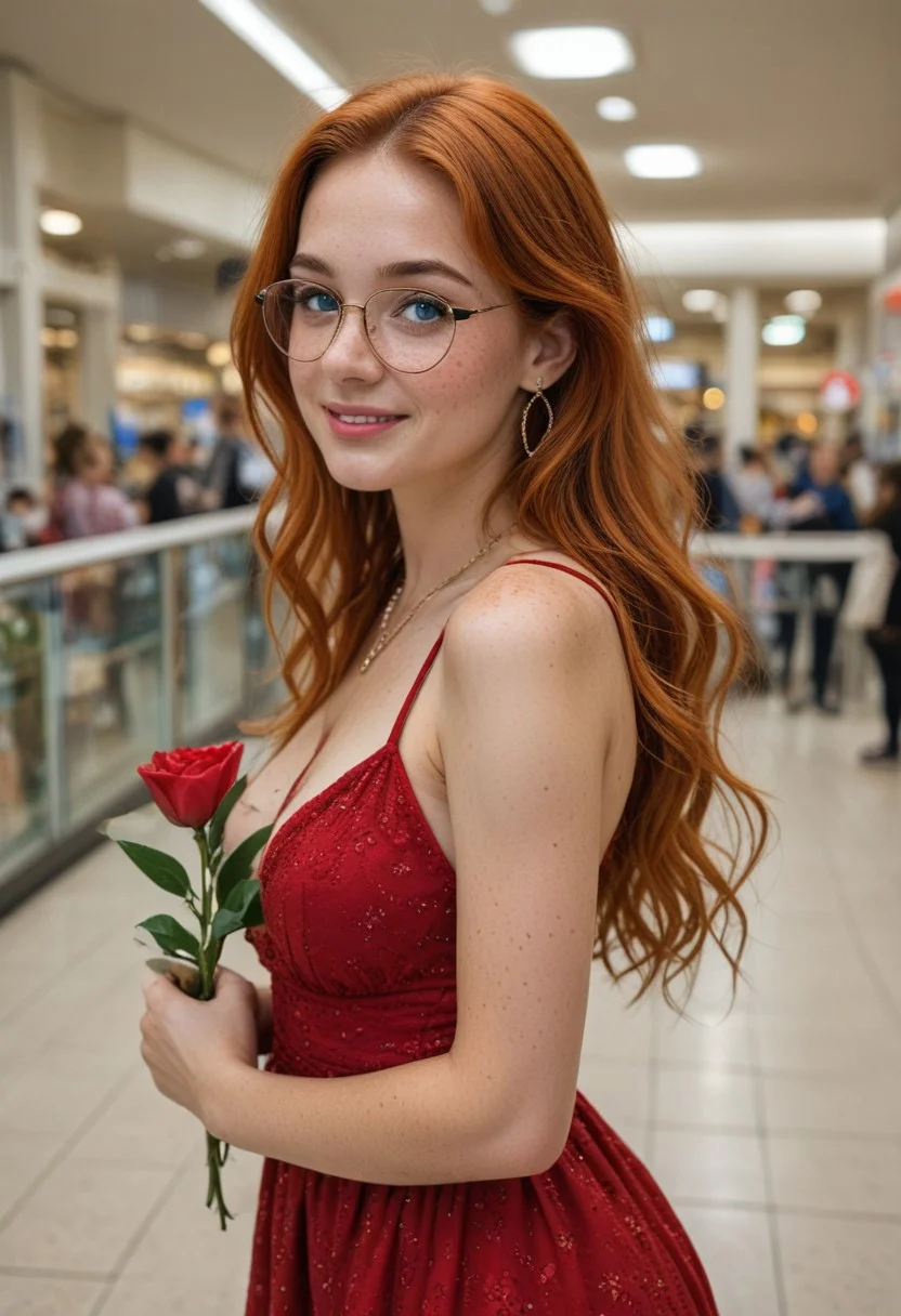 Cute 21 year old woman, hourglass figure, orange hair, long hair, cute black plastic square frame glasses, bright blue eyes, medium breasts, round ass, heavy freckles on face, diamond stud earrings, gold chain necklace with ruby pendant, ruby belly button piercing, wearing a sexy red dress in a mall, posing seductively, happy look, colorful bokeh balls in background, holding a flower