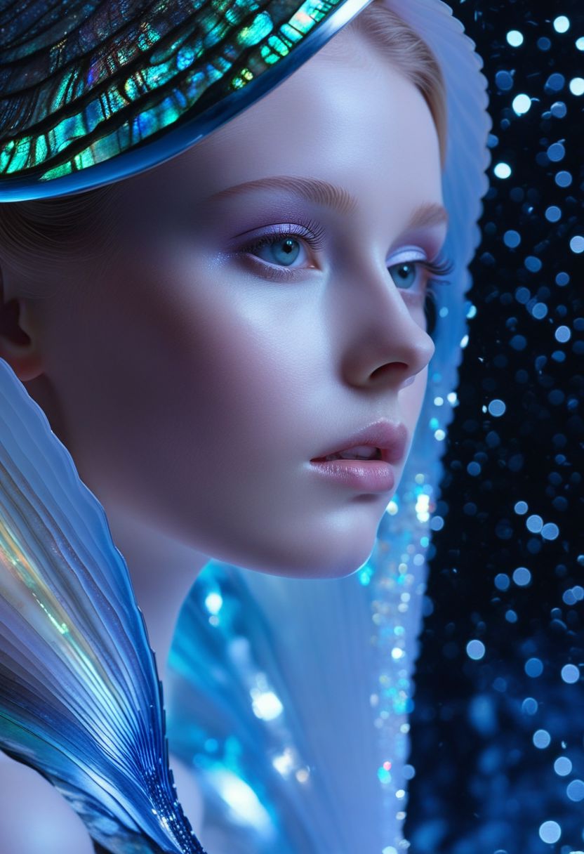 standing, long shot, highest esthetic score, photo of an exquisitely beautiful pale skin  european 1girl, 20yo, modern implementation of sci-fi  "botichhelli The Birth of Venus" fantastic epic masterpiece, starlight falls on beautiful young face. Depth of field, insane details:1.4,  ultra detailed, absurdres, 1:280f Zeiss lens, long aperture, abalone shell, fiery opal, platinum, obsidian ,feet in the shell, extraterrestrial sight, intricate background