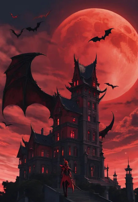 solo, outdoors, wings, sky, cloud, no humans, moon, bat wings, building, scenery, red theme, tower, red moon, red sky, spear the gungnir, scarlet devil mansion