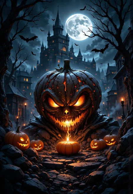This image is a highly detailed, digital illustration with a Halloween theme. The central focus is a large, weathered pumpkin with a menacing, carved face. The pumpkin's skin is cracked and peeling, revealing its inner flesh. Its eyes are two small, glowing orange circles, and its mouth is a jagged, sharp triangle filled with an eerie, glowing orange light. The pumpkin sits on a dark, rocky ground littered with smaller pumpkins and glowing orange candles, casting a warm, flickering light.
In the background, a haunted, Gothic castle with turrets and pointed roofs stands under a dark, cloudy night sky. The castle is partially obscured by dense, swirling fog, adding to the eerie atmosphere. The sky is a deep blue, with a large, bright full moon casting a silvery glow. Several bats are flying in the air, adding to the spooky ambiance.
The overall color palette is dominated by deep blues, blacks, and oranges, with highlights of glowing yellow and red. The textures are highly detailed, from the rough, cracked skin of the pumpkin to the smooth, rounded surfaces of the pumpkins and candles. The image exudes a sense of mystery and suspense, perfect for a Halloween setting.,<lora:aidmaMJ6.1_v0.3:0.6>, aidmaMJ6.1, <lora:aidmaFLUXpro1.1:0.5>, aidmafluxpro1.1, <lora:MysticFantasy:1>, ultra quality, ultra detailed, intricate details, 8k