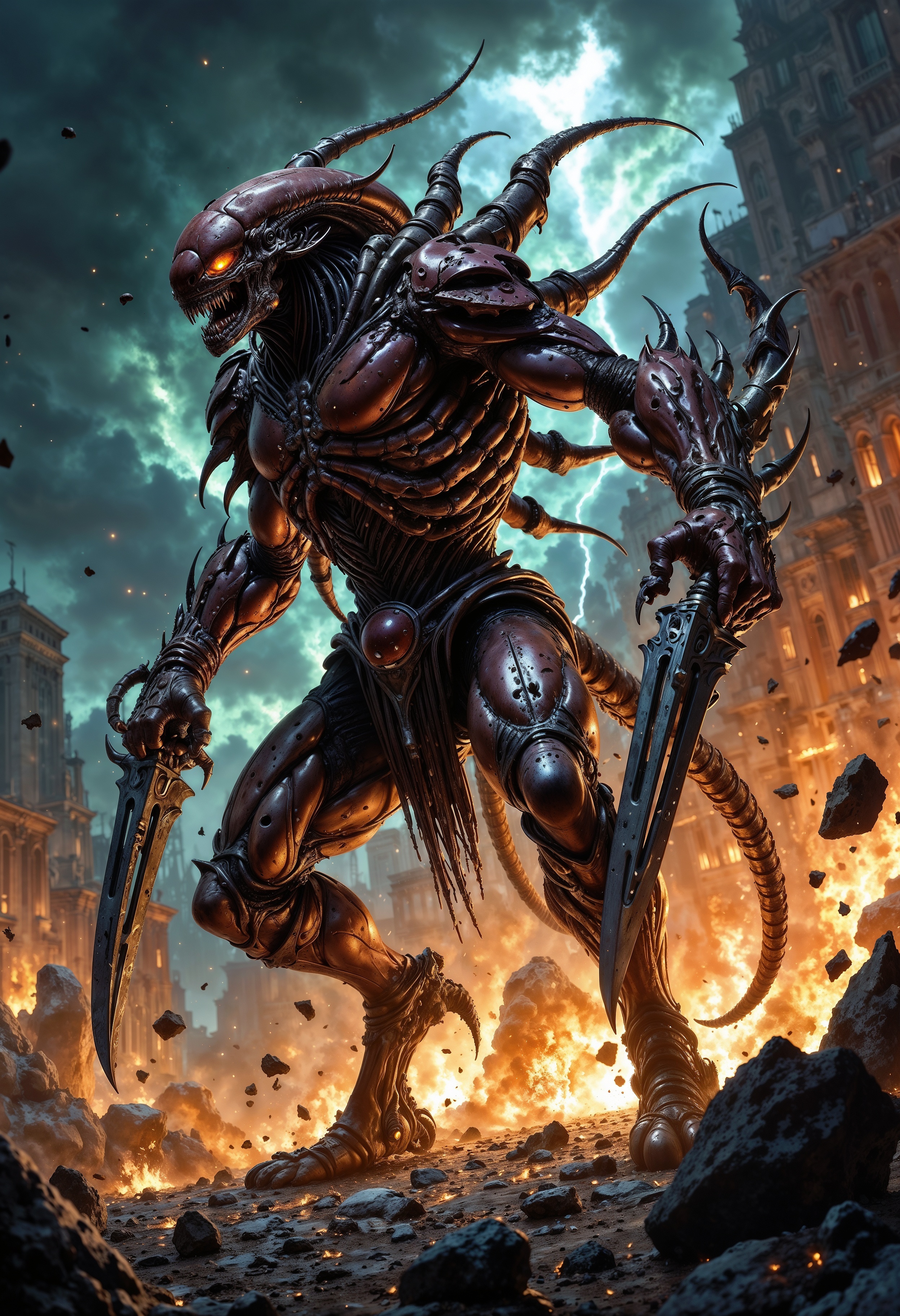 Image is a digital fantasy artwork depicting a fierce, Xenomorph creature in a dynamic battle pose. The creature has an insect-like appearance with a heavily armored exoskeleton in shades of dark brown and metallic purple. It wields two large, curved blades, one in each hand, and has sharp, menacing claws. Its head is adorned with multiple horns and glowing eyes, exuding an aura of power and aggression. The background is a chaotic scene of destruction, with fiery explosions and debris scattered throughout, creating a dramatic and intense atmosphere. The sky is dark and stormy, with streaks of green light cutting through the clouds, adding to the sense of turmoil and conflict. The overall composition is action-packed, with a focus on the creature's formidable presence and the chaotic environment surrounding it.