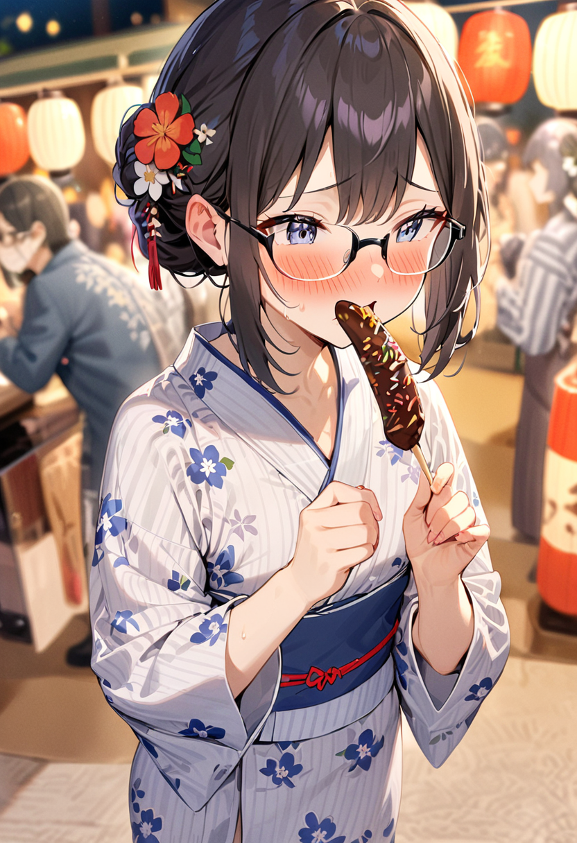 masterpiece, best quality, very aesthetic, absurdres,
chocolate banana, 1girl, solo, glasses, black hair, food, long hair, blush, holding, holding food, yukata, floral print, hair ornament, hair flower, hair bun, uchiwa, paper fan, paper lantern, night, blurry background, embarrassed, 
<lora:chocolate_banana_SDXL_V1:1>