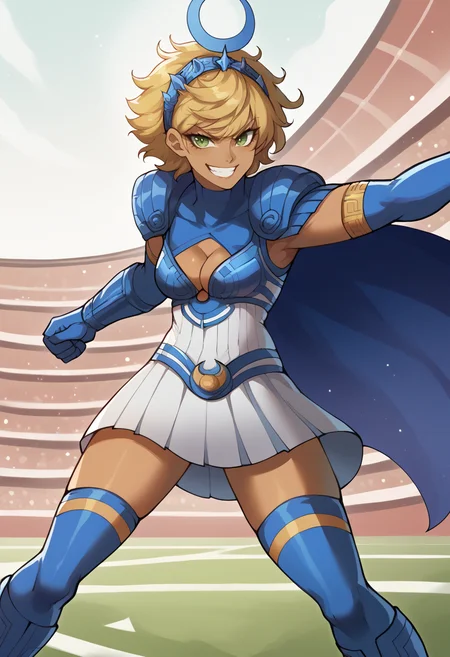 score_9, score_8_up, score_7_up, source_anime BREAK 1girl, solo, <lora:thiccwithaq-artist-richy-v1_pdxl:1> <lora:zs_ArtemisXL:1> artemissmtv, dark skin, blonde hair, short hair, green eyes, hair ornament, dress, cleavage, elbow gloves, cape, thighhighs, kneeboots, grin, confidant, assertive female, battle stance, looking at viewer, Colosseum,