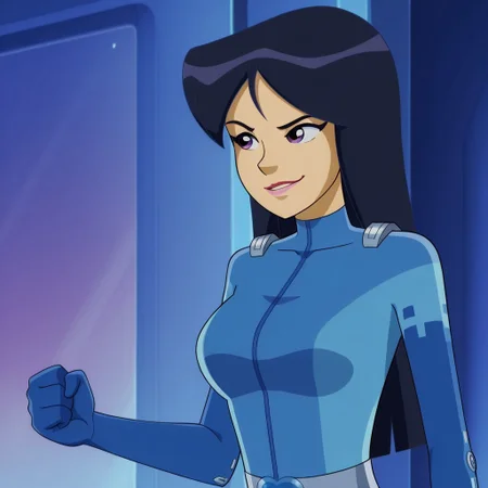 masterpiece, best quality, good quality, 1girl, solo, cartoon, totally_spies_2k24, britney, black hair, long hair, purple eyes, blue bodysuit, sexy, large breasts, beautiful, detailed, high detailed, very beautiful, detailed face, detailed eyes, detailed hand, abstract background, neon, smirk, pose, standing, (fighting stance)
