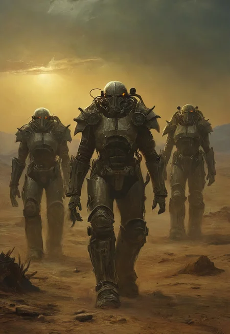 Four soldiers in power armor travelers in the post-apocalyptic desert,fallout universe,alienscape,glossy armor,intricate design,massive armor,corrupted neverland,dramatic sky, dust,wind, bleak,glow,flickering, dark art, dim light,strong single light beams reflects on their armor, somber, dramatic, high quality, detailed,science fiction,distopia,horror theme,futuristic, technology,atompunk,dying world of our hopes,dramatic,thrilling,decay,best quality,masterpiece,dynamic composition,color contrast,primary colors,no gradients,close-up
