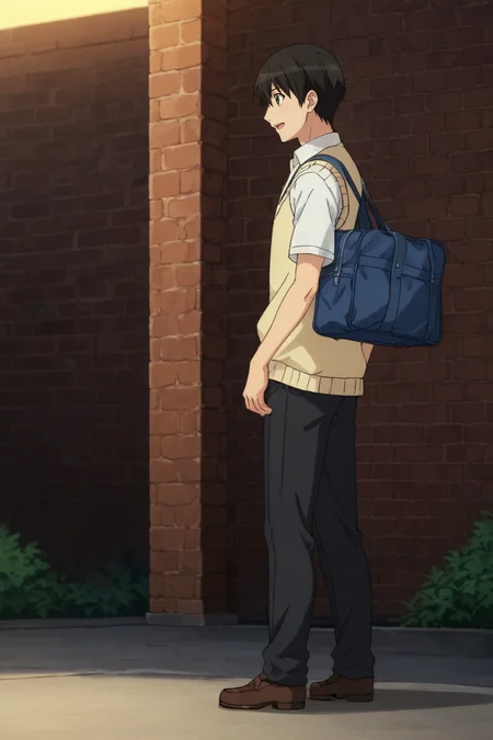 score_9, score_8_up, score_7_up,score_6_up,score_5_up,score_4_up,source_anime,BREAK, rating_safe, intricate details, , anime screencap, anime coloring, official style, depth of field,1boy, solo, male focus,<lora:junichi:0.87>,junichi tachibana,black hair,black eyes,bangs,short hair,hair between eyes,smile, open mouth, shirt, standing, school uniform, white shirt, full body, short sleeves, outdoors, shoes, collared shirt, pants, bag, from side, profile, black pants, brown footwear, loafers, sweater vest, school bag, sunset, shoulder bag, brick wall , , , <lora:sdxl_lightning_8step_lora_315544:1>