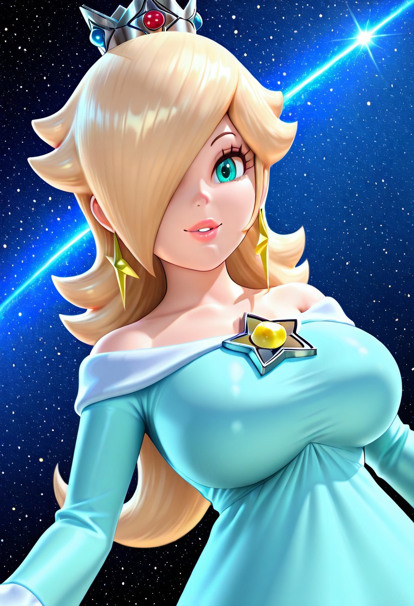 Highest quality,easynegative,
dynamic anglre, dutch angle, 
looking at viewer,space,star,smile,parted lips, 
Rosalina,blonde hair,long hair,hair over one eye,wavy hair,aqua eyes,lipstick,huge breasts,crown,earrings,light blue dress,
