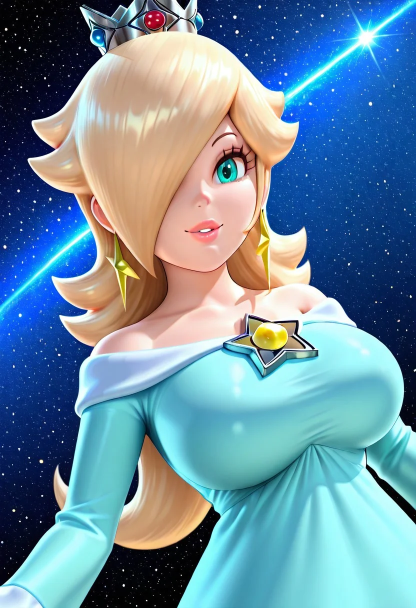 Highest quality,easynegative,
dynamic anglre, dutch angle,
looking at viewer,space,star,smile,parted lips,
Rosalina,blonde hair,long hair,hair over one eye,wavy hair,aqua eyes,lipstick,huge breasts,crown,earrings,light blue dress,