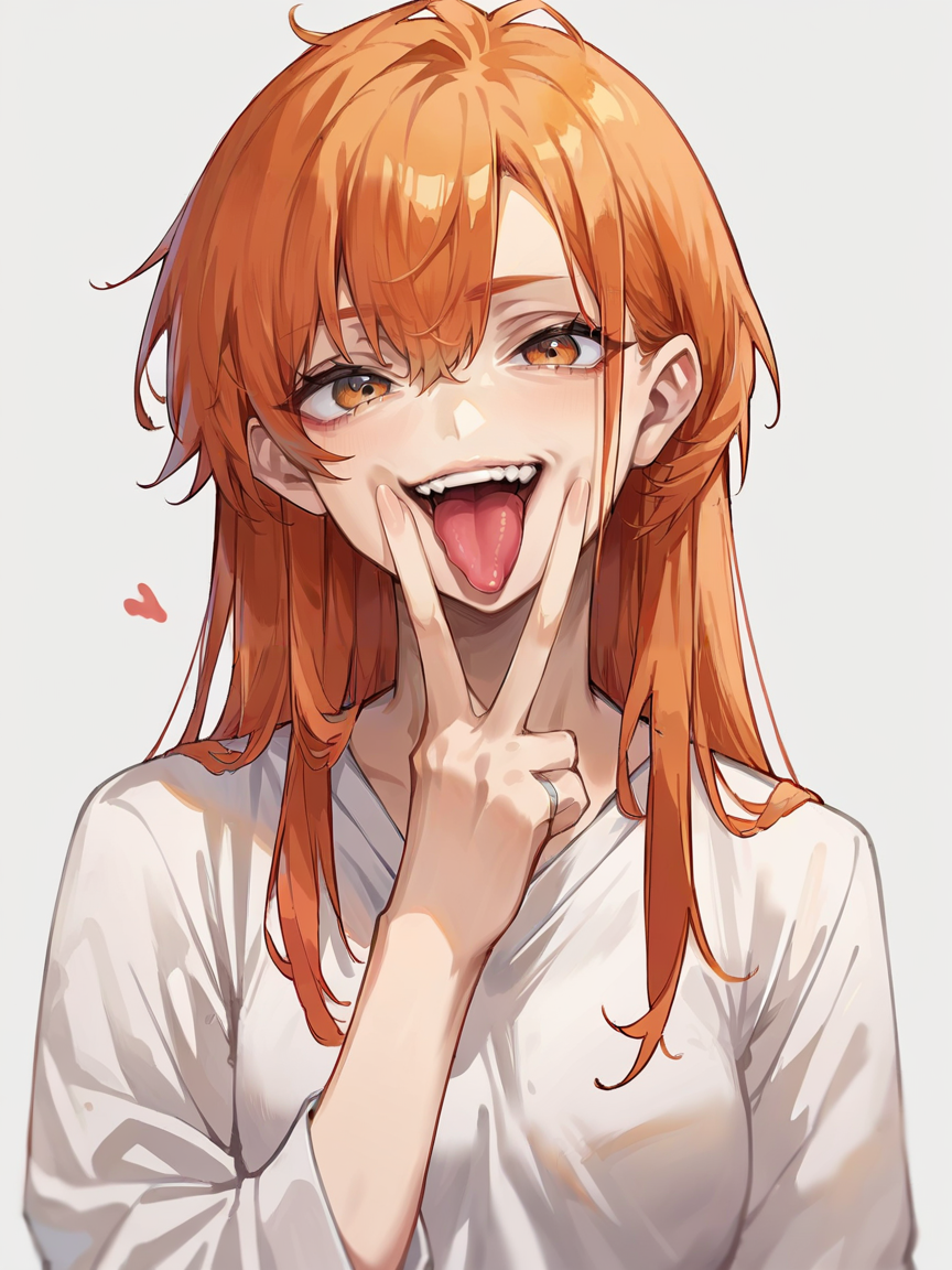score_9, score_8_up, score_7_up, score_6_up, score_5_up, source_anime, 1girl, <lora:VoverfaceXLP:1> v over face, tongue out, long hair, ginger hair