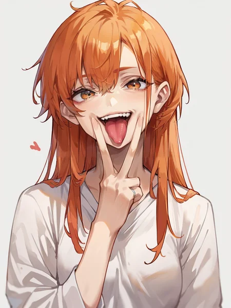 score_9, score_8_up, score_7_up, score_6_up, score_5_up, source_anime, 1girl, <lora:VoverfaceXLP:1> v over face, tongue out, long hair, ginger hair