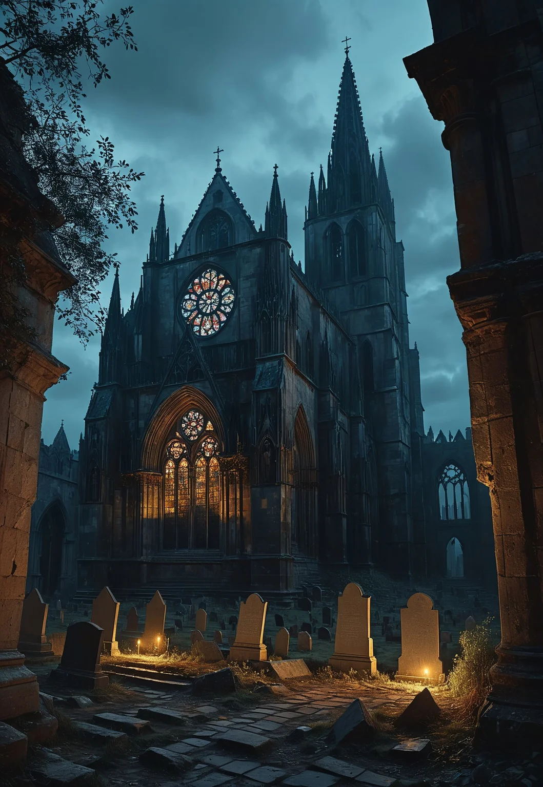 This is a digital painting depicting a dark, eerie, and atmospheric scene of a medieval Gothic cathedral at night. The structure, built from dark, weathered stone, stands amidst a desolate graveyard, with crumbling, ancient tombstones scattered throughout the overgrown, uneven terrain. The cathedral's architecture is intricate, featuring pointed arches, steeples, and a large, circular stained glass window on its side, casting a faint, ethereal glow.
(8k uhd:1,4),
<lora:add-detail-xl:1>
<lora:Dynamic Poses:1>