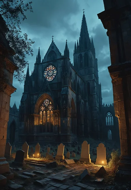 This is a digital painting depicting a dark, eerie, and atmospheric scene of a medieval Gothic cathedral at night. The structure, built from dark, weathered stone, stands amidst a desolate graveyard, with crumbling, ancient tombstones scattered throughout the overgrown, uneven terrain. The cathedral's architecture is intricate, featuring pointed arches, steeples, and a large, circular stained glass window on its side, casting a faint, ethereal glow.
 (8k uhd:1,4),
<lora:add-detail-xl:1>
<lora:Dynamic Poses:1>