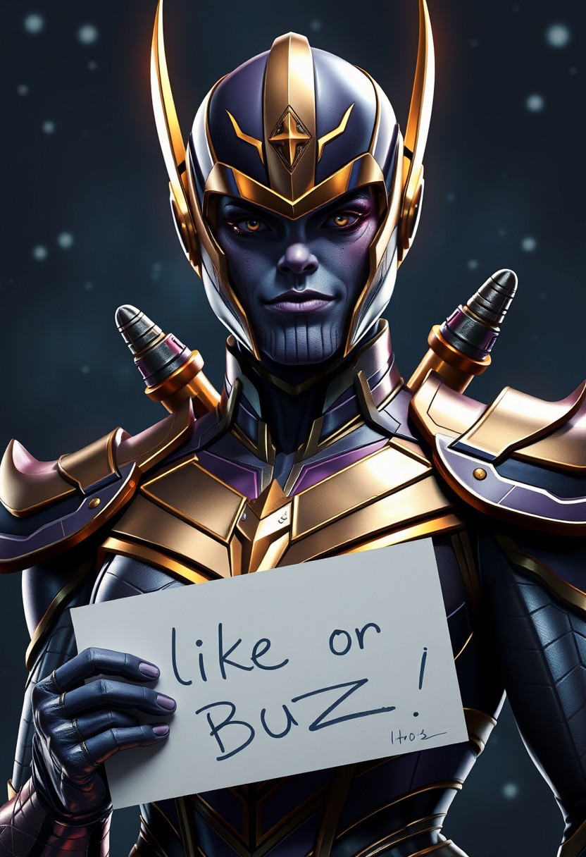 Fully dressed, female Thanos, gender bender, goddess, night, cosmic, galactic, (extremely detailed overall:1.5), closer, upper body, portrait, (GIGA ARMOR:1.5), shiny armor, meteor armor, full face helmet, back rockets, supreme armor, holding a sign written: like or Buzz