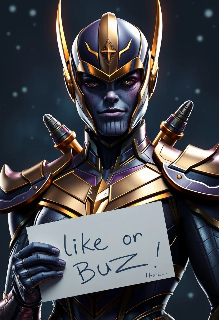 Fully dressed, female Thanos, gender bender, goddess, night, cosmic, galactic, (extremely detailed overall:1.5), closer, upper body, portrait, (GIGA ARMOR:1.5), shiny armor, meteor armor, full face helmet, back rockets, supreme armor, holding a sign written: like or Buzz