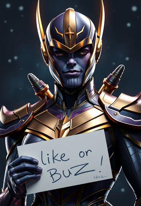Fully dressed, female Thanos, gender bender, goddess, night, cosmic, galactic, (extremely detailed overall:1.5), closer, upper body, portrait, (GIGA ARMOR:1.5), shiny armor, meteor armor, full face helmet, back rockets, supreme armor, holding a sign written: like or Buzz