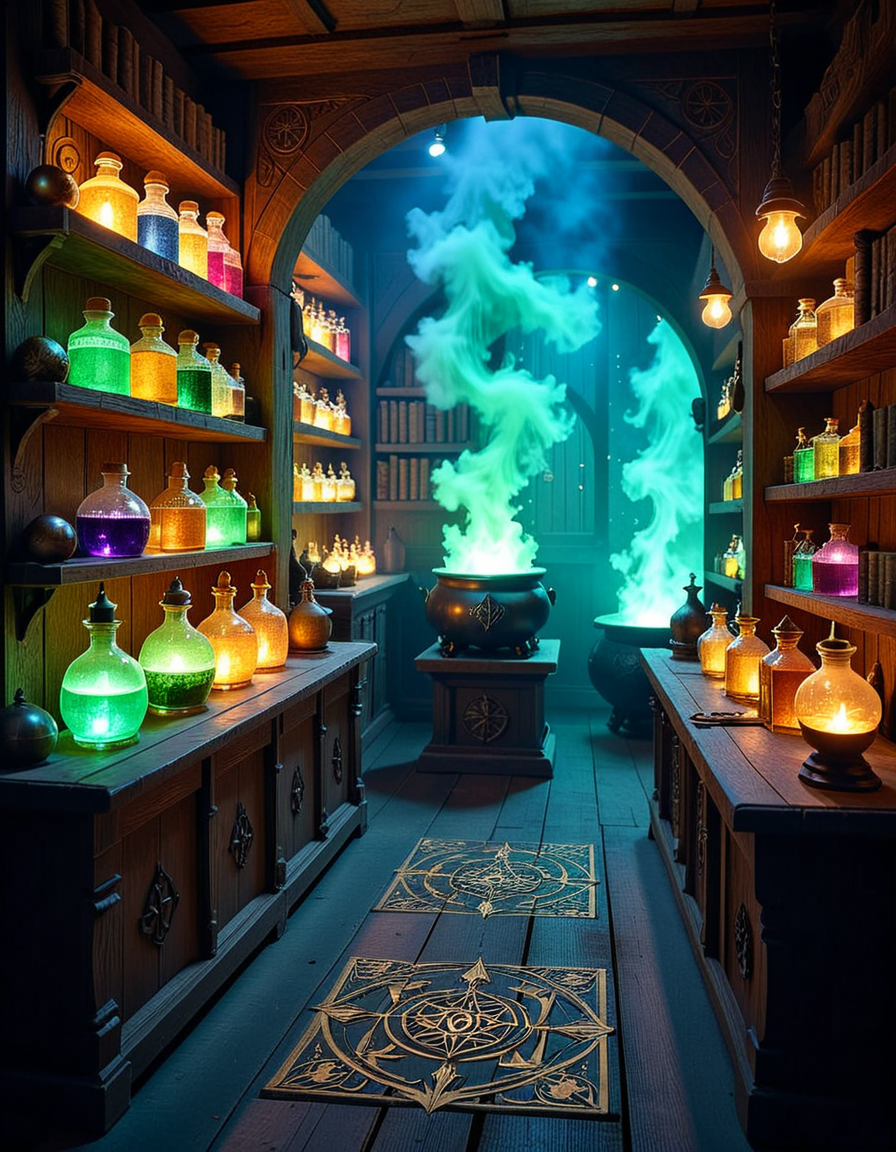 A dimly lit, mysterious alchemy shop filled with ancient books, glowing potions, and strange magical artifacts. Wooden shelves, covered in dust and cobwebs, are packed with glass bottles containing bubbling liquids in deep purples, shimmering golds, and eerie greens. The air is thick with swirling mist, and candlelight flickers, casting long shadows across the stone walls. In the foreground, an old wooden counter holds an open grimoire, alongside mortar and pestles, dried herbs, and mysterious symbols carved into the surface. Strange objects like a levitating crystal orb, a preserved dragonâs eye in a jar, and an enchanted dagger with glowing runes are displayed throughout the space. A bubbling cauldron in the corner emits a soft, eerie glow, illuminating the intricate arcane symbols on the floor. The atmosphere is dark, mystical, and full of ancient secrets, evoking a sense of forgotten magic and hidden knowledge.
<lora:SDXLFaeTastic2400:0.4> <lora:extremely_detailed:0.4> extremely detailed,<lora:mysterious_4lch3my_sh0p:1>,mysterious 4lch3my sh0p, Masterpiece,best quality,hi res,8k,hi res,8k,award winning,(sharp focus, intricate, highly detailed),