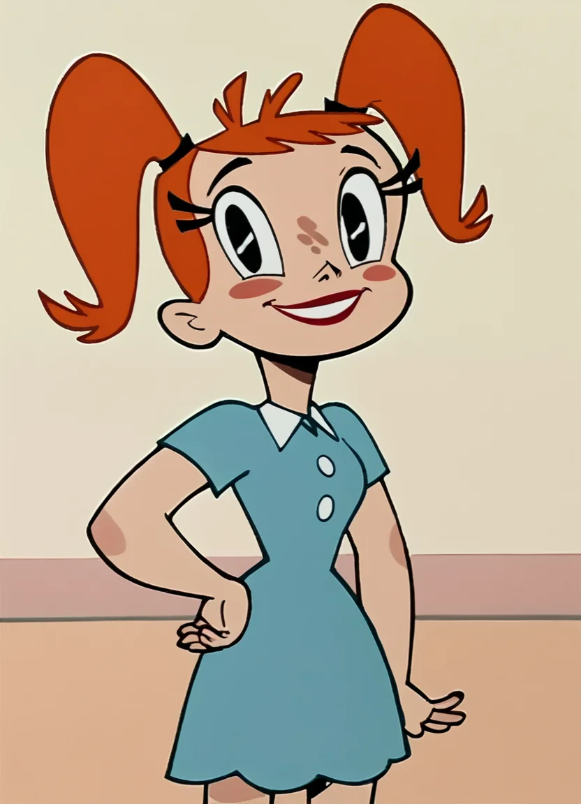 Jenny, 1girl, solo, socks, blue dress, blush stickers, orange hair, smile, black eyes, looking at viewer, standing, twintails looking at viewer, looking at viewer, score_9, score_8_up, score_7_up, score_6_up, score_5_up, score_4_up,  <lora:Jenny_XJ-9_Pony1.0:1> white background,, looking at viewer, hand on own hip, cowboy shot,