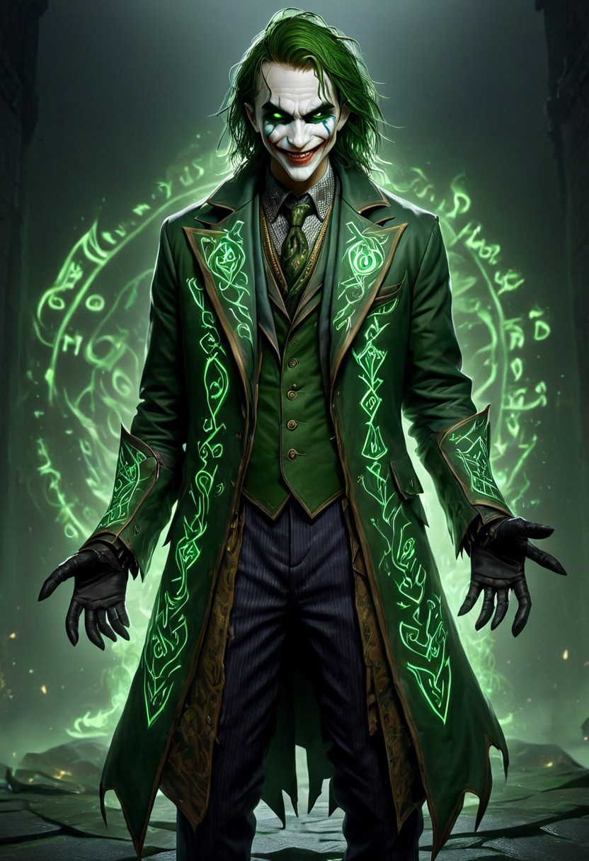 (PEJoker, high quality, HD, full body, dramatic lighting, cinematic composition, detailed, glowing rune costume, dark green glowing runes, intense eyes, wide smile, concept art, trending on ArtStation, (dark, evening, (vignette)))
