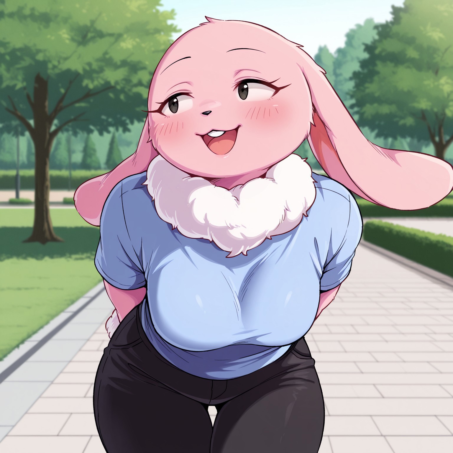 uncensored, masterpiece, best quality, highly detailed, realistic, 1girl, solo, Mochiduki, furry, anthro, bunny, lagomorph, black eyebrows, black nose, thin eyebrows, black eyes, pink skin, white neck tuft, white bunny tail. medium breasts, (clothed, plain shirt, blue shirt, black pants) smile, open mouth, buckteeth, looking away, blushing, standing, (front view, outdoors, park, sidewalk), detailed background, three-quarter portrait, (hands behind back, leaning forward)