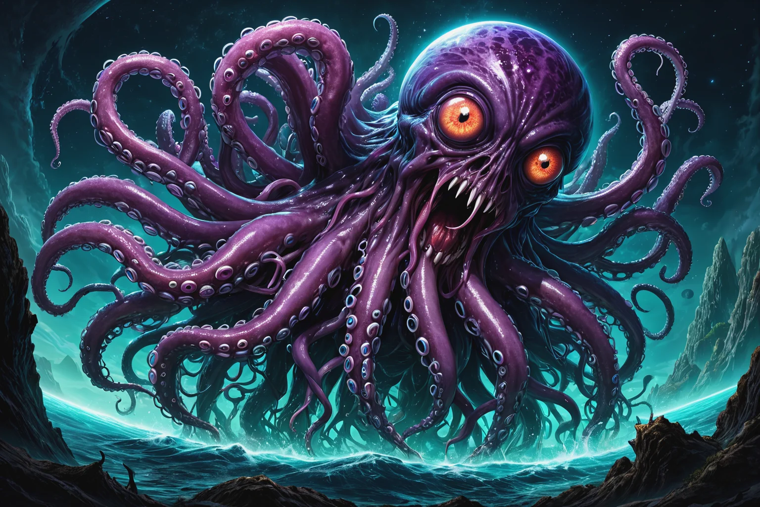 a monsterous creature consuming a planet,tentacles,liquid,multiple eyes,