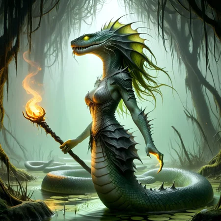 naga, hkstyle, female, casting a spell in a haunted swamp