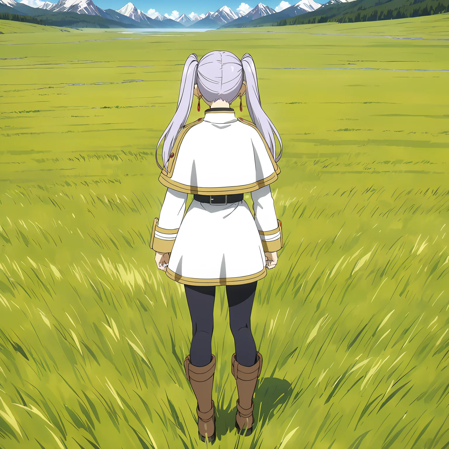 <lora:FrierenXL004>,<lora:DetailedEyes_V3:1.6>,
solo,
anime screencap,
best quality,masterpiece,
Frieren,1girl,light purple hair,twintails,multicolored eyes,earrings,
capelet,jacket,striped shirt,
belt,skirt,
pantyhose,
brown boots,
grassland,sky,wind,nature,mountain,lake,
full body,standing,looking back,