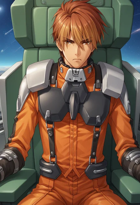 score_9,score_8_up,score_7_up,score_6_up,score_5_up,score_4_up,score_8,kyousuke nanbu,cockpit,1boy,pilot suit,male focus,solo,science fiction,sitting,red bodysuit,upper body,serious,eyes visible through hair,frown,pilot,space,shoulder armor,breastplate,suspenders,official art,<lora:KyousukeNanbu_V1-2_pony-000012:1>,