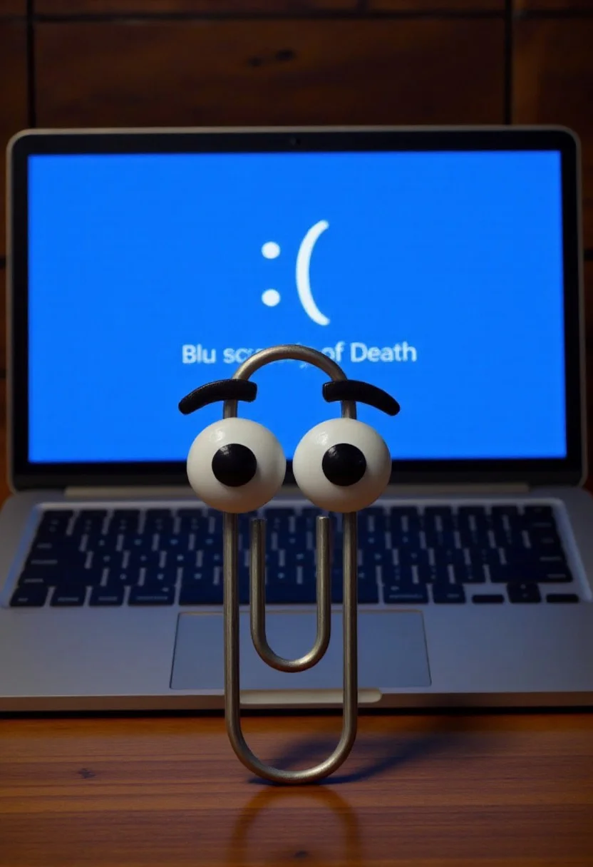 clippy with big eyes in front of a computer screen that depicts the blue screen of death