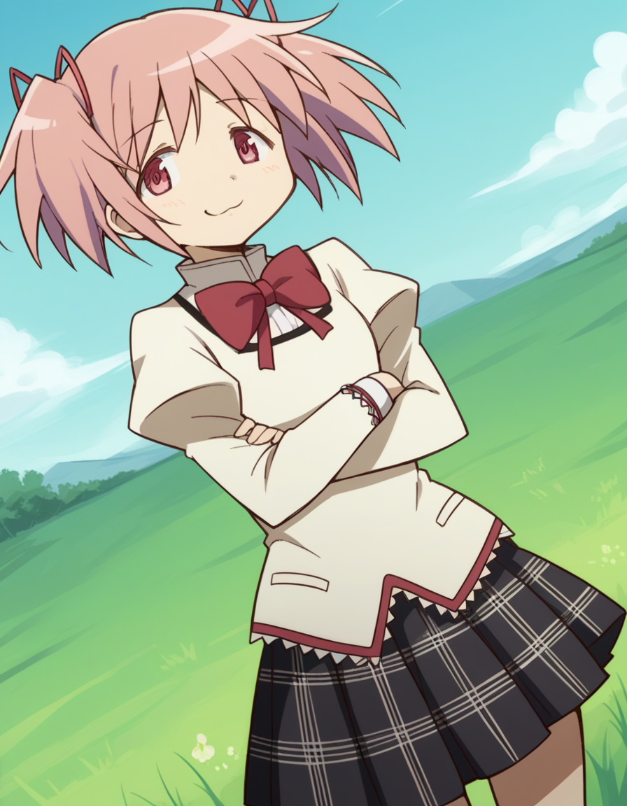 score_9, score_8_up, score_7_up, source_anime, <lora:madoka-kaname-s1-ponyxl-lora-nochekaiser:1>, madoka kaname, short hair, ribbon, twintails, hair ribbon, pink hair, pink eyes, short twintails,, skirt, school uniform, mitakihara school uniform, puffy sleeves, plaid skirt, pleated skirt, bowtie, red bowtie, savannah, grass, wildlife, hot, open, , crossed arms, smug, looking at viewer, solo,, dutch angle, cowboy shot