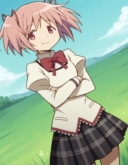 score_9, score_8_up, score_7_up, source_anime, <lora:madoka-kaname-s1-ponyxl-lora-nochekaiser:1>, madoka kaname, short hair, ribbon, twintails, hair ribbon, pink hair, pink eyes, short twintails,, skirt, school uniform, mitakihara school uniform, puffy sleeves, plaid skirt, pleated skirt, bowtie, red bowtie, savannah, grass, wildlife, hot, open, , crossed arms, smug, looking at viewer, solo,, dutch angle, cowboy shot