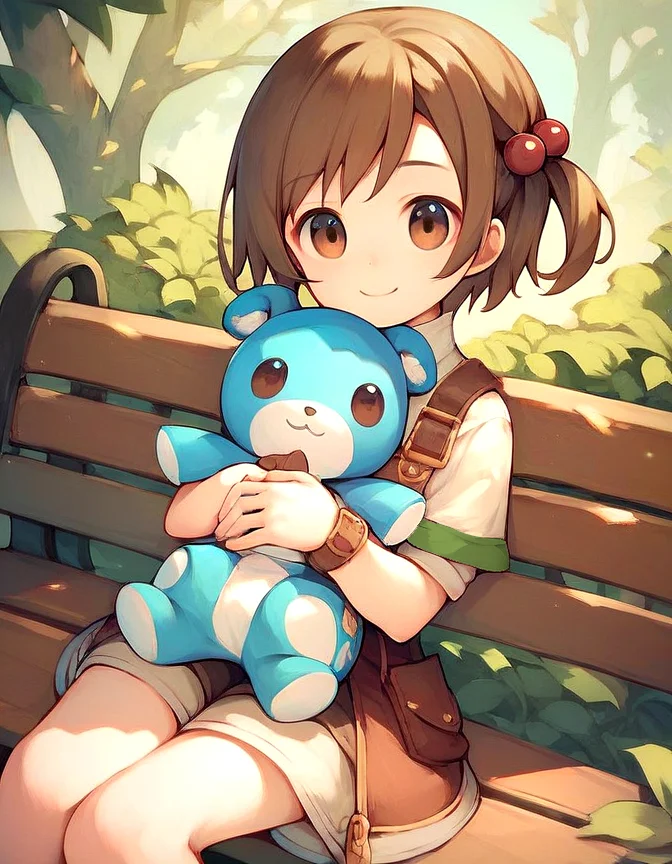 recette, outdoors, young 1girl, holding stuffed blue bunny, brown hair, hair ornament, short hair, hair bobbles, brown eyes, smile, sitting on park bench, bold colors, cute smile, recettear