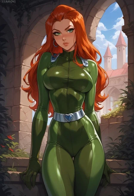 (score_9, score_8_up, score_7_up), fantasy,1girl, solo, sam \(totally spies\), orange hair, long hair, green eyes, green bodysuit, belt, large breasts, curvy, thick thighs, tight clothing, round ass, bubble butt, hips, thighs, athletic build,