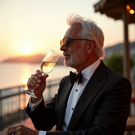un elegante anziano signore dai lunghi capelli bianchi sorseggia una coppa di champagne su un terrazzo che affaccia sul mare al tramonto