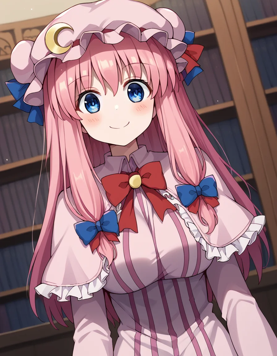 score_9, score_8_up, score_7_up, source_anime, nodokaharamura, <lora:nodoka-haramura-s1-ponyxl-lora-nochekaiser:1>, nodoka haramura, blue eyes, hair bow, long hair, pink hair, bow, large breasts,, <lora:patchouli-knowledge-cosplay-ponyxl-lora-nochekaiser:1>, patchouliknowledgecosplay, patchouli knowledge \(cosplay\), blue bow, bow, crescent, crescent pin, dress, hair bow, hat, mob cap, pink dress, pink hat, red bow, capelet, long sleeves, frilled sleeves, frilled capelet, striped clothes, striped dress,, indoors, library, smile, blush,, cowboy shot, dutch angle, solo,
