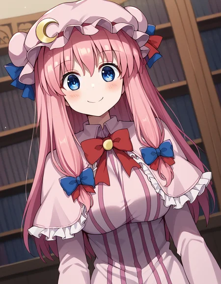 score_9, score_8_up, score_7_up, source_anime, nodokaharamura, <lora:nodoka-haramura-s1-ponyxl-lora-nochekaiser:1>, nodoka haramura, blue eyes, hair bow, long hair, pink hair, bow, large breasts,, <lora:patchouli-knowledge-cosplay-ponyxl-lora-nochekaiser:1>, patchouliknowledgecosplay, patchouli knowledge \(cosplay\), blue bow, bow, crescent, crescent pin, dress, hair bow, hat, mob cap, pink dress, pink hat, red bow, capelet, long sleeves, frilled sleeves, frilled capelet, striped clothes, striped dress,, indoors, library, smile, blush,, cowboy shot, dutch angle, solo,