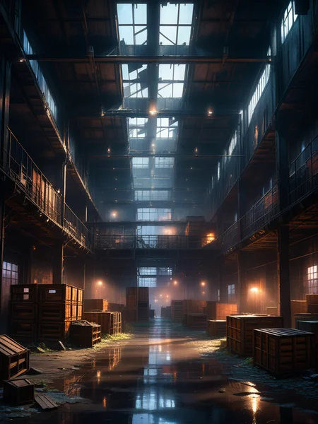 <lora:SS02ImpressionisticPainting_Hap_XL:1>,Thomas Kinkade style, Anime-inspired background, dark, abandoned warehouse in a futuristic cyberpunk city, dimly lit interior, flickering lights, rusted metal structures, shattered windows, artistic arrangement of wooden crates in the center, muzzle flashes illuminating the space, harsh shadows casting, eerie mood, hostility without people, cinematic lighting, high contrast, gritty details, digital painting.