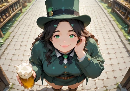 IllusP0s, PonyScores7, source_anime, ah1, IllustriousQual, interesting, exciting, spectacular, wonderful, amazing quality, absolutely eye-catching, 
BREAK <lora:xl_more_art-full_v1:0.2>, <lora:aesthetic_anime_v1s:0.2>, <lora:EpicF4nta5yXL:0.2>, <lora:detailxl:0.2>, detailxl, <lora:Fant5yP0ny:0.2>, amazing quality, best aesthetic, absurdres, illustration, Volumetric_Lighting, ultra-detailed, very aesthetic, intricate details, best_quality, <lora:Add_Details_v1.2:0.4>, <lora:quality_modifiers_masterpieces_v1:0.2>, <lora:ZootPonyAnime_V1_r2:0.2>, <lora:Bestifacator2:0.2>,
BREAK ((with a hand on their cheek, looking dreamily off to the side)),
BREAK Stable_Yogis_PDXL_Positives, AS-Adult, <lora:Complicated fantasy portrait - XL Pony V2.0:0.2>, bad-hands-5, <lora:HDA_Detailer:0.3>, <lora:natsumi_style:0.5>, <lora:by_usakun-pony:0.4>, by usakun, <lora:Akina_Bbw_Style_-_PonyXL:0.2>, AkinBw, (((from above), (from back), Close to viewer)),
BREAK 1girl, mature female, (curvy), round-chin, caucasian, <lora:ETO_OC_Illustrius:0.5>, eto_oc, skindentation, (plump), thick thighs, wide hips, busty, voluptuous, <lora:venus body PonyXL:0.3>, <lora:shinyskin2:0.2>, glistening skin, HDA_FatGirlXL, round ass, large breasts, <lora:plussizegirls_IL:0.3>, <lora:plussizegirls_pony:0.3>, <lora:perfection style:0.2>, perfection style, perfection, 
BREAK ((<lora:ShamrockWorld_IXL:0.2>, shamrockworld, clover, four-leaf clover, cup, green theme, bow, holding pint of beer, jewelry, <lora:illustrious_Leprechaun:0.2>, illustrious Leprechaun, green hat, belt, brown footwear, green dress, top hat, buttons, gold coins, boots, green headwear, green coat)),
BREAK (curly hair), long hair, (black hair:1.4), (parted hair:1.7), messy hair, kinky curls, <lora:hairdetailpxl:0.2>, hairdetailpxl,
BREAK (half green and brown eyes), (colorful eyes), (multicolored eyes), (downturned eyes:1.4), expressive eyes, <lora:perfect-eyes:0.4> perfecteyes , EyesHD, (round face:1.2), (thick eyebrows:1.3), (plump face), <lora:Round_face:0.2>, lips, <lora:DetailedEyes_xl_bdsqlsz_V1:0.2>, <lora:Eyes_Lora_Pony_Perfect_eyes:0.2>, <lora:focusoneyes:0.2>, <lora:cinematic eye color style illustrious v1:0.2>,
BREAK ((happy expression, smiling at viewer)), <lora:Expressive_H:0.2>, Expressiveh, <lora:Emotional_Anime_Expressions_PonyXL_Concept:0.2>, emotional, <lora:Best_Facial_Expression_LoRA_PONY:0.2>, looking at viewer, <lora:Detailed expressive EXEV style -XL Pony V1.0:0.2>, FaceDetail, <lora:Best_Facial_Expression_Helper_XTREME_ILLU:0.4>, kaogei,
BREAK (((ireland, irish pub))), <lora:Background Detailer - SDXL:0.8>, 4k, 8k, Ultra HD, Masterpiece, Best quality, Detailed background, <lora:Add_more_details_V2_XLpony:0.2>, full_details, <lora:background-type1:0.2>,