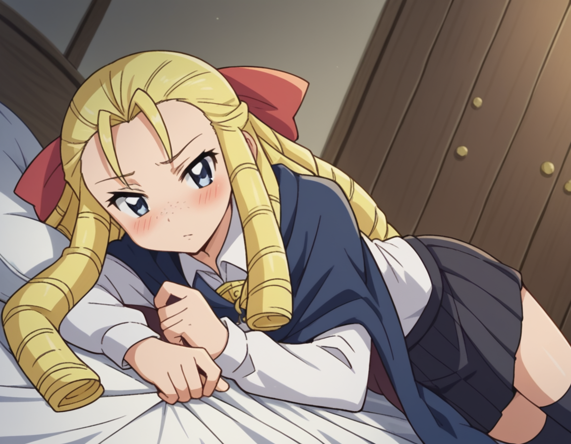 score_9, score_8_up, score_7_up, source_anime,
montmorencymargaritalaferedemontmorency, <lora:montmorency-margarita-la-fere-de-montmorency-s3-ponyxl-lora-nochekaiser_r2:1>,
montmorency margarita la fere de montmorency, long hair, blonde hair, bow, hair bow, drill hair, forehead, freckles, hair pulled back, ringlets,
skirt, thighhighs, long sleeves, collared shirt, white shirt, black skirt, cape,
indoors, bed, bed room, on side, blush, drunk,
looking at viewer, cowboy shot, solo, dutch angle