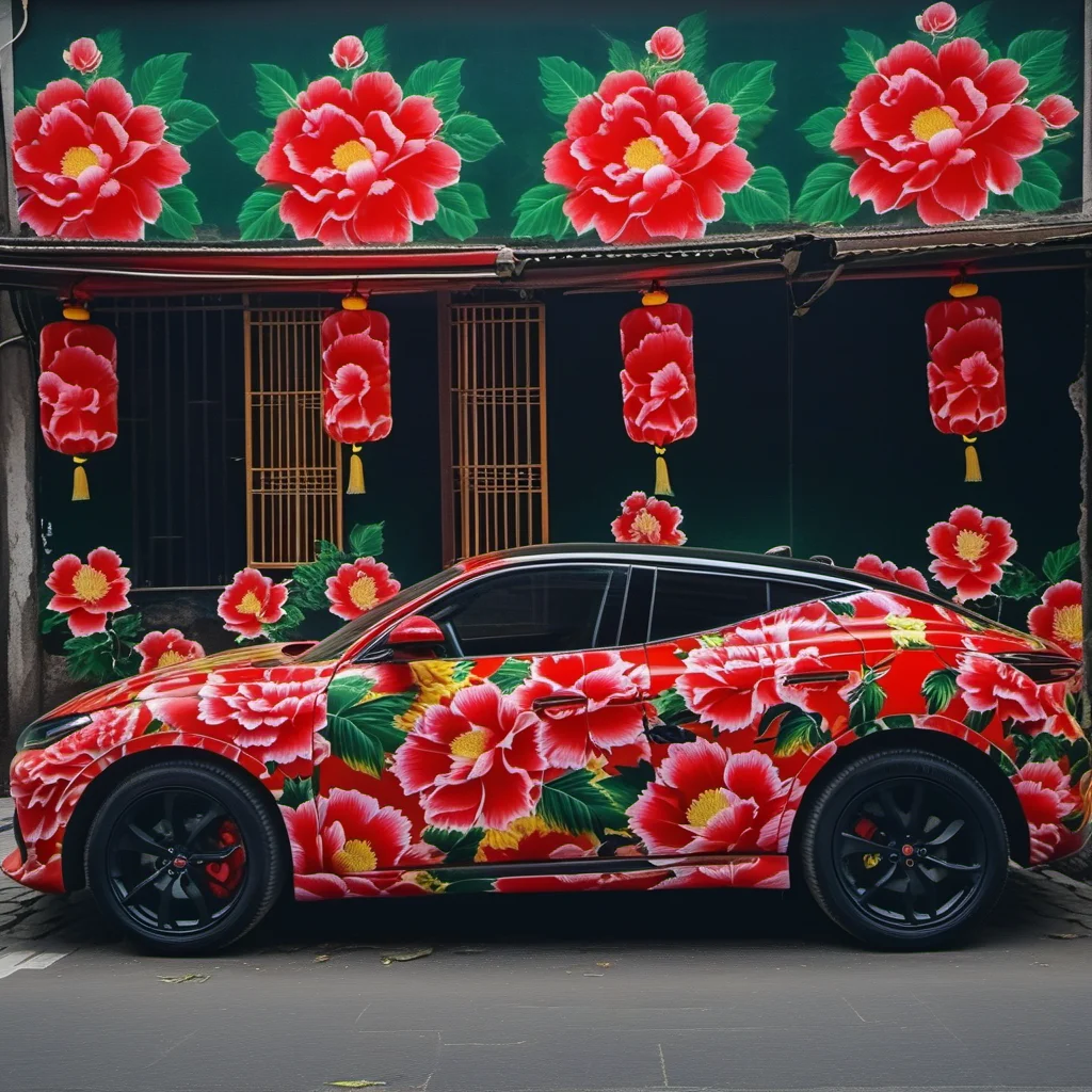 dongbeidahua,flower,no humans,leaf,umbrella,red flower,ground vehicle,motor vehicle,car,vehicle focus,sports carï¼<lora:dongbeidahua:0.6>,
