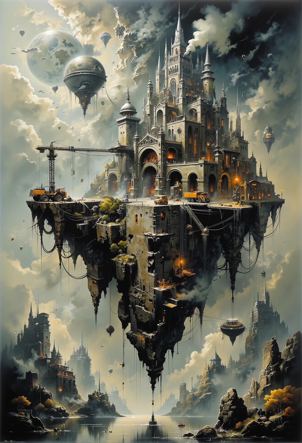 A surreal, floating cityscape rises on a massive rock pedestal above a calm ocean, towering over the surrounding waters. The city on top appears intricate and aged, with a mixture of historical and industrial architecture, including spires, chimneys emitting thin trails of smoke, and gothic-style towers. The rock formation beneath is narrow at the center, giving the structure a precarious yet majestic appearance. Heavy machineryâcranes, excavators, and dump trucksâoperate around the base of the rock, adding a touch of realism and creating a sense of construction or mining activity. Soft sunlight filters through a sky filled with gentle clouds, casting a serene glow over the ocean and the distant horizon. Another smaller rock island in the background mirrors the surreal beauty of this massive structure, adding depth and mystery to the scene. <lora:The_Dark_Side_Of_The_Future.safetensors:0.33>,  <lora:NotTheRealWorld-v55-000010.safetensors:0.7>,  <lora:Ethereal Grace - s1 g4.safetensors:1.0>,