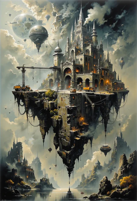 A surreal, floating cityscape rises on a massive rock pedestal above a calm ocean, towering over the surrounding waters. The city on top appears intricate and aged, with a mixture of historical and industrial architecture, including spires, chimneys emitting thin trails of smoke, and gothic-style towers. The rock formation beneath is narrow at the center, giving the structure a precarious yet majestic appearance. Heavy machineryâcranes, excavators, and dump trucksâoperate around the base of the rock, adding a touch of realism and creating a sense of construction or mining activity. Soft sunlight filters through a sky filled with gentle clouds, casting a serene glow over the ocean and the distant horizon. Another smaller rock island in the background mirrors the surreal beauty of this massive structure, adding depth and mystery to the scene. <lora:The_Dark_Side_Of_The_Future.safetensors:0.33>,  <lora:NotTheRealWorld-v55-000010.safetensors:0.7>,  <lora:Ethereal Grace - s1 g4.safetensors:1.0>,