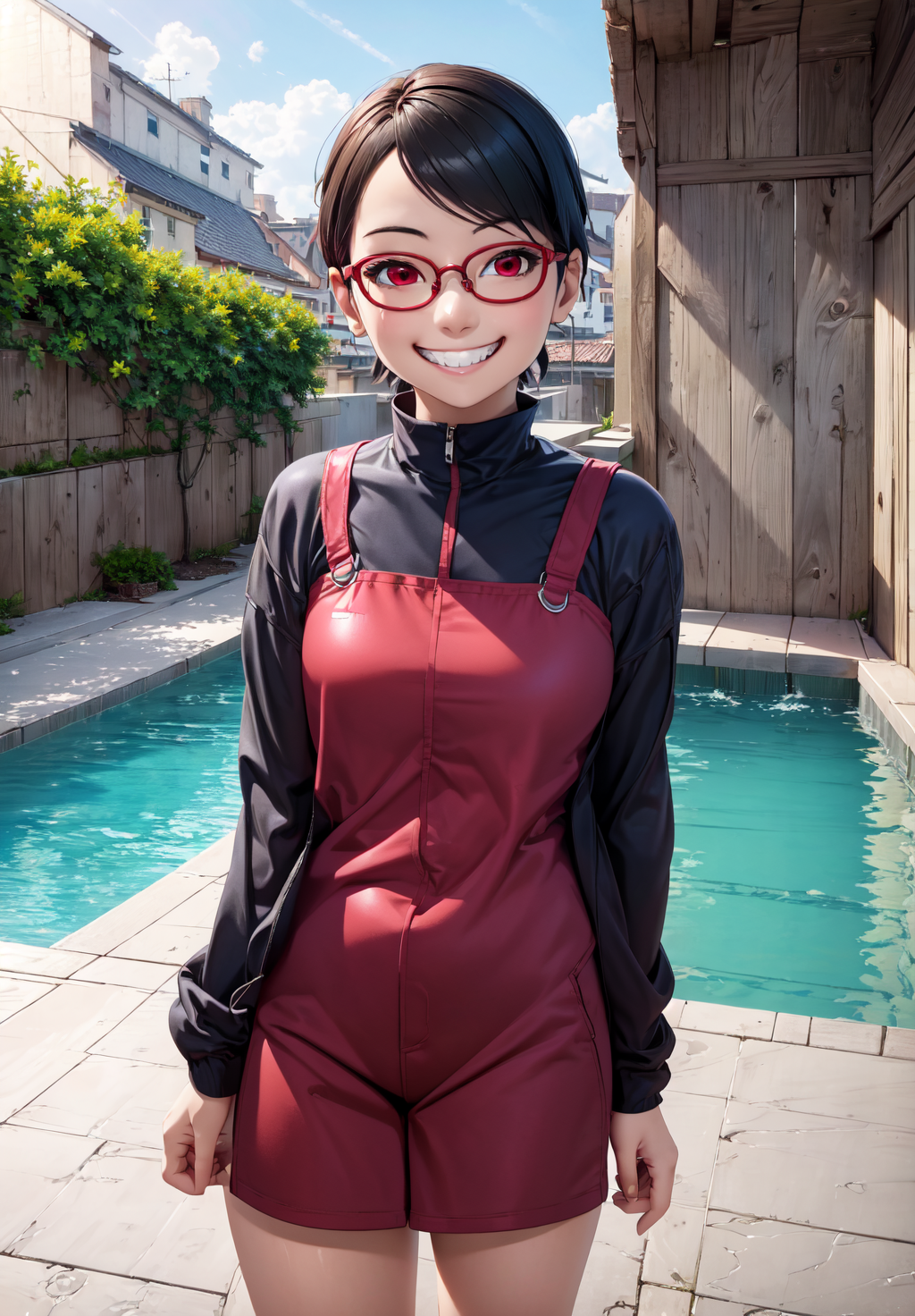 (Digital Artwork:1.3), 1girl, sfw, <lora:uchiha_sarada:0.8>, uchiha_sarada, 1girl, solo,, light skin, quarter turn,1/4 body pose, upper body view, eyes focus, looking at the viewer, (happy, kind smile, grin:1.3), red eyes, clear glasses, petite body, in early twenties, petite breasts, uniform, urban rooftop pool with city views, (masterpiece, best quality, absurdres, detailed, ultra-detailed:1.3), gorgeous, (trending on CGSociety, trending on pixiv, contest winner:1.3)