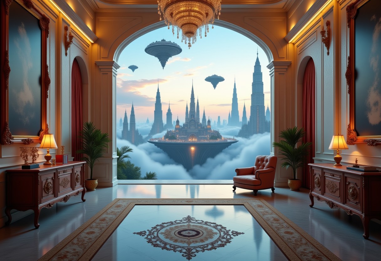 the most realistic, photorealistic photo ever taken [inside a luxurious mansion leading to a majestical city in the clouds, a GIRL FANTASY dream world with tall and modern skyscrapers, BRIGHT COLORS, floating islands in the sky, shifting landscapes, and ethereal creatures, Captured with a Hasselblad X2D 100C and an 80mm f/1.9 lens, hyper-realistic textures, elegant shadows, incredible realism, creamy bokeh, ultra-detailed textures, perfect lighting], aidmamj6.1, aidmaimageupgrader