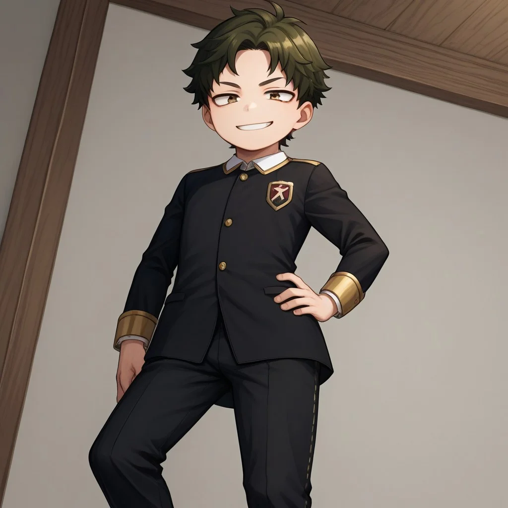 score_9, score_8_up, score_7_up, source_anime, highly detailed, cute boy, 1boy, solo, young, damian desmond, short hair, brown hair, brown eyes, Eden academy school uniform, gold trim, knee length trousers, red socks, black dress shoes, smug smile, from below, hand on hip