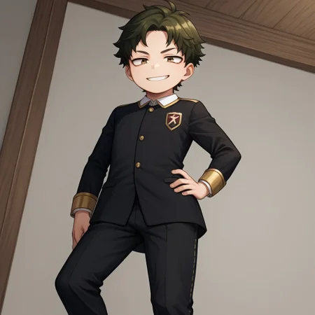 score_9, score_8_up, score_7_up, source_anime, highly detailed, cute boy, 1boy, solo, young, damian desmond, short hair, brown hair, brown eyes, Eden academy school uniform, gold trim, knee length trousers, red socks, black dress shoes, smug smile, from below, hand on hip