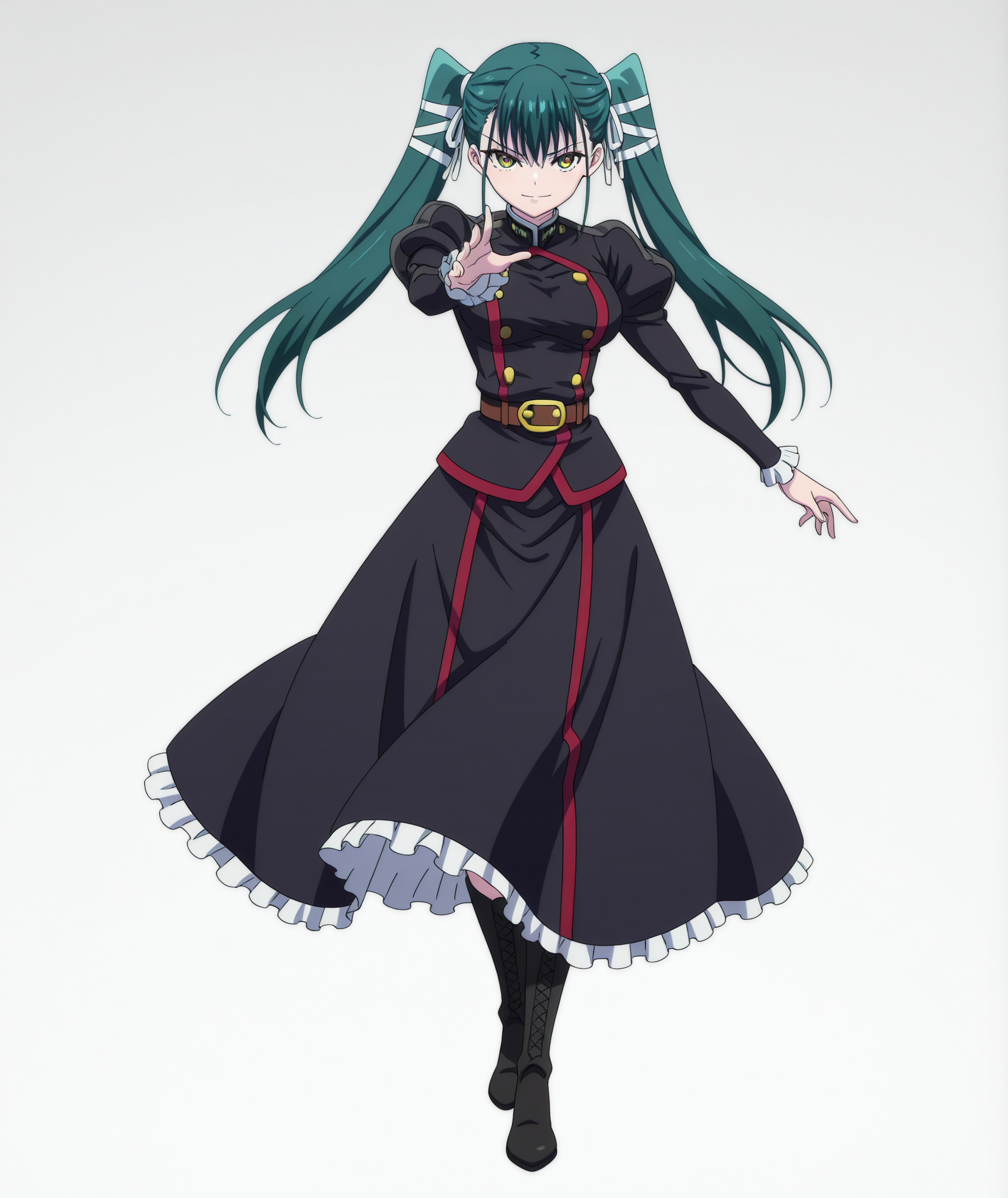 official art, absurdres, highres, anime coloring, hi res, best quality, masterpiece, 2d, intricate details, 4k,
1girl, solo, long hair, bangs, black hair, bow, twintails, yellow eyes, hair bow, green hair, 
breasts, medium breasts, shirt, long sleeves, jacket, belt, black jacket, uniform, military, military uniform, juliet sleeves, frilled sleeves, 
skirt, long dress, long skirt, black skirt, frilled skirt, boots, 
looking at viewer, 
depth of field, white background, gradient background, <lora:Yachiho_Azuma_ILXL:1>, mato seihei no slave, azuma yachiho,