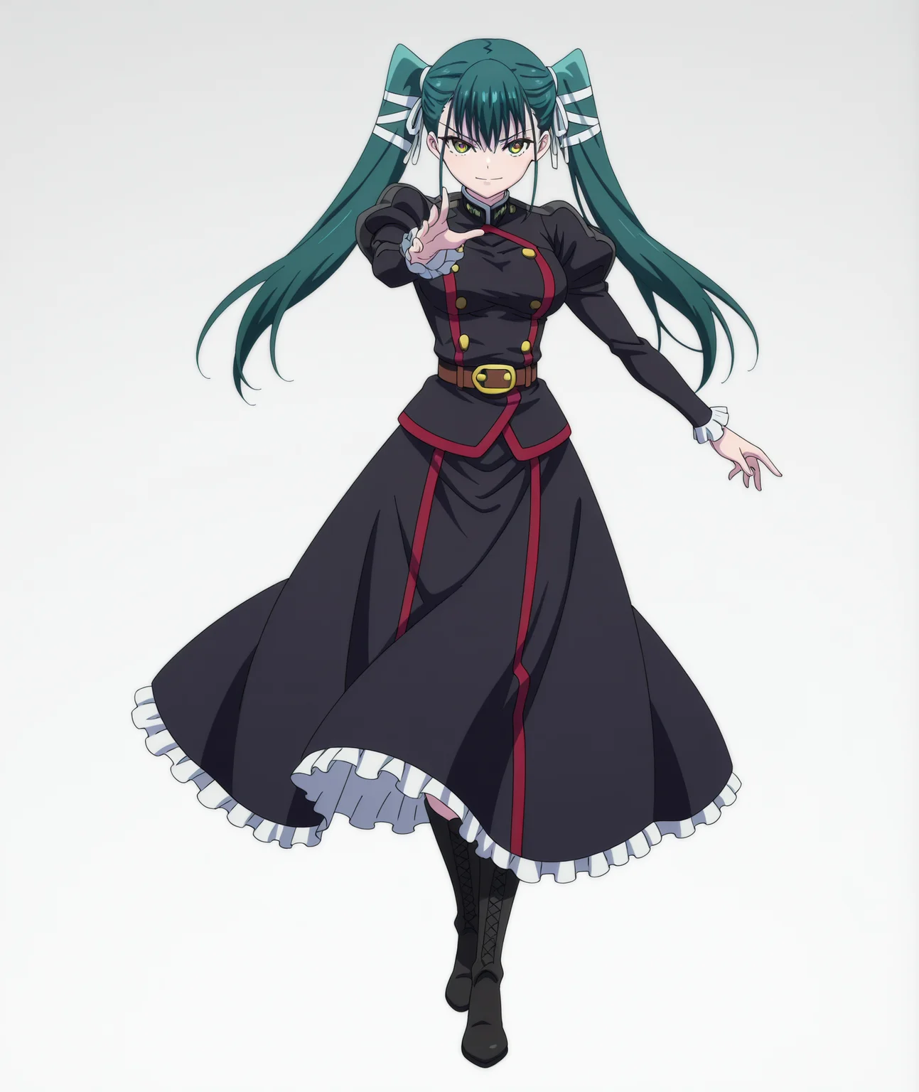 official art, absurdres, highres, anime coloring, hi res, best quality, masterpiece, 2d, intricate details, 4k,
1girl, solo, long hair, bangs, black hair, bow, twintails, yellow eyes, hair bow, green hair, 
breasts, medium breasts, shirt, long sleeves, jacket, belt, black jacket, uniform, military, military uniform, juliet sleeves, frilled sleeves, 
skirt, long dress, long skirt, black skirt, frilled skirt, boots, 
looking at viewer, 
depth of field, white background, gradient background, <lora:Yachiho_Azuma_ILXL:1>, mato seihei no slave, azuma yachiho,