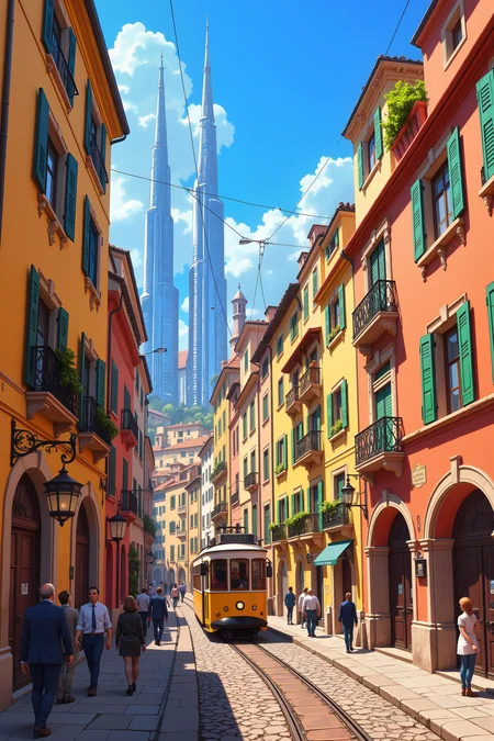 image depicting a picturesque, narrow, cobblestone street in a European city. The street is flanked by vibrant, multi-story buildings with ornate facades and colorful shutters. The buildings feature a mix of warm hues, including yellow, orange, and red, with some adorned with green shutters and balconies. The street is lined with quaint, old-fashioned street lamps and small, green metal barriers.In the middle of the street, there is a yellow tram moving uphill, indicating a hilly terrain. The tram is surrounded by pedestrians, some dressed in modern attire and others in more traditional clothing, adding to the lively atmosphere. The buildings on the left side have a Mediterranean architectural style, with some featuring decorative patterns and intricate designs.In the background, towering modern skyscrapers with sleek, glass exteriors rise above the older buildings, suggesting a blend of old and new. The sky is a clear blue with fluffy white clouds, and a few cables crisscross the sky, adding a futuristic touch to the scene. The overall style of the image is vibrant and whimsical, with a high level of detail and a rich color palette that evokes a sense of charm and history.<lora:aesthetical-000003:0.15><lora:aidmaNSFWunlock-FLUX-PonyStyle-v0.1:0.15><lora:Flux-jijia:0.1><lora:GLSHS:0.6>
