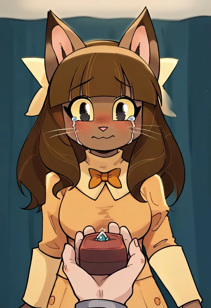 score_9, score_8_up, score_7_up, rating_safe, source_cartoon, (close up on face, focus face), beautiful, emotional, covering mouth, looking down, 1girl, furry girl, adult female, ivy, brown long hair,braids,blunt bangs,black eyes, colored sclera, yellow sclera, no human, furry, brown furr, cat ears,ivydress, orange bowtie,yellow coat, || yellow hair bow,, large breasts, <lora:ring-box-ponyxl-lora-nochekaiser:1>, ring box, ornate ring, marriage proposal, human hand holding ring, (one ring), diamond ring, human hand holding box, pov, pov hand, single hand holding box,, blush, super embarrassed, happy, tears of joy, blush, bed room,, looking down, cowboy shot, <lora:streaming-tears-ponyxl-lora-nochekaiser:1>, streaming tears, crying, tears,negative_hand
