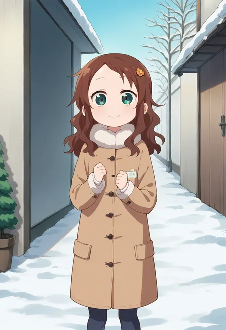 1girl, solo, child, rikos, long hair, brown hair, hair ornament, green eyes, flower, hair flower, coat, brown coat, winter clothing, <lora:PonyXL Riko Saikawa:0.8>, score_9, score_8_up, score_7_up, score_6_up, score_5_up, score_4_up , anime coloring ,BREAK source_anime, anime,
looking at viewer, smile,
outdoors, winter, snowy